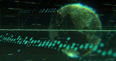 Displaying point-cloud globe right in data dashboard, showing dotted waveform, Stock Photos