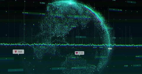 Displaying point-cloud globe rotating in data UI, showing waveform, grid, Stock Illustration