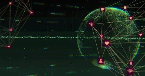 Displaying point cloud globe with triangular node links on digital dashboard, Stock Illustration