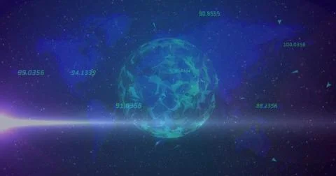 Displaying polygonal sphere rotating in space field with neon green numeric Stock Photos