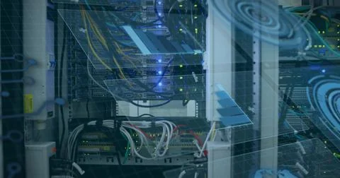 Displaying populated network rack with stacked switches, bundled cables in data Stock Illustration