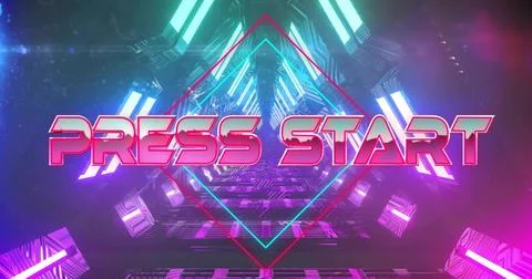 Displaying PRESS START headline glowing in neon corridor with diamond frame, LED Illustrazione stock