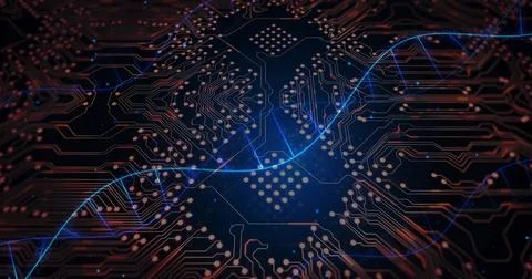 Displaying printed circuit board in digital graphic, with blue waveform tracing 库存插图