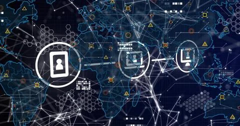 Displaying profile icon inside circle connecting continents on world map with Illustrazione stock