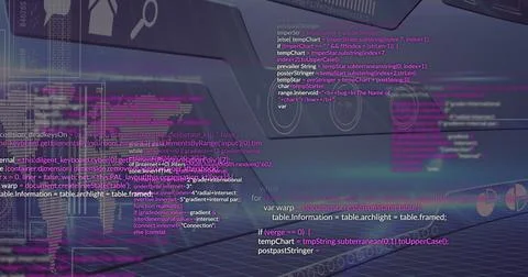 Displaying programming code and UI icons floating across virtual workspace, with Stock Illustration