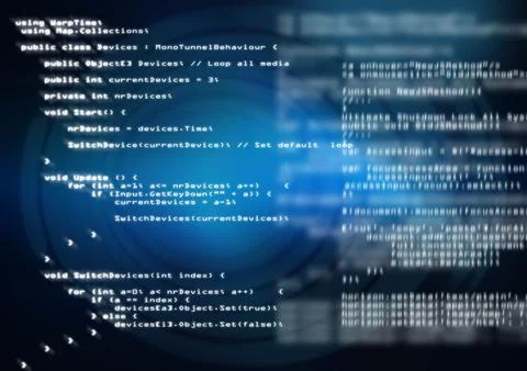 Displaying programming code in flat style on blue gradient editor window with Stock Photos