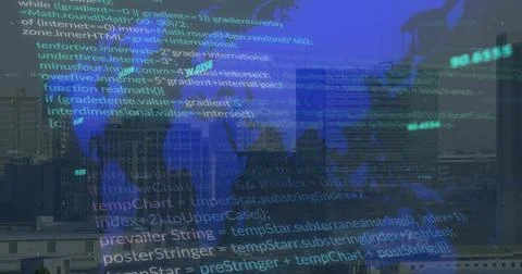 Displaying programming code overlay blending office with urban skyline at dusk, Foto stock