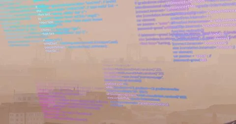 Displaying programming code overlay obscuring shipyard skyline at waterfront, Stock-Fotos