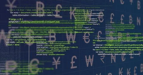 Displaying programming code overlaying currency symbols on computer screen, with Stock Illustration