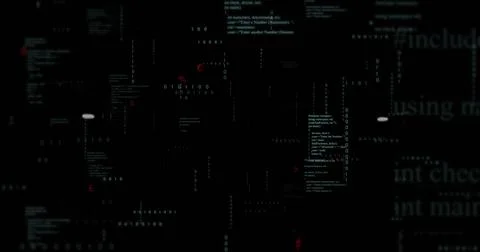 Displaying programming code snippets and binary digits on terminal display, with Stock Illustration