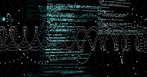 Displaying programming code text and dotted waveform in cyberspace, with 스톡 일러스트