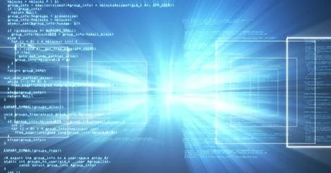 Displaying programming code text streaming through virtual tunnel, with central Foto stock
