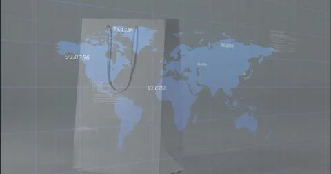 Displaying projected world map in studio, showing numeric labels, gridlines, 库存照片