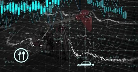 Displaying pump jack on digital chart, showing teal candlestick bars, Illustrazione stock