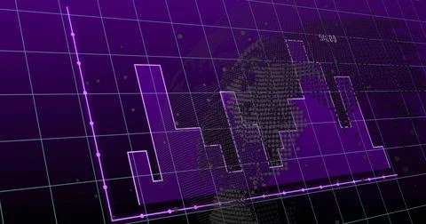 Displaying purple 3D bar chart moving in virtual data space, with magenta line Illustrazione stock