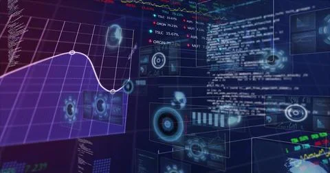 Displaying purple 3D line graph plotting points in dashboard with holographic Stock Illustration