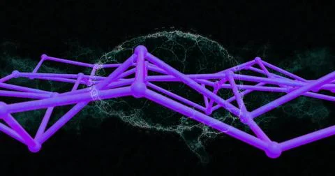 Displaying purple 3D network nodes and edges in virtual space over dark backdrop Illustrazione stock
