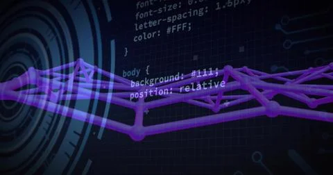 Displaying purple 3D wireframe graph over dark grid UI showing CSS code panel Stock Illustration