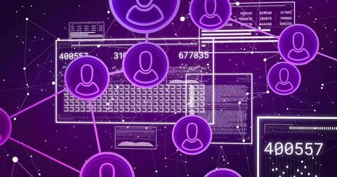 Displaying purple avatar hub linking with magenta lines over glowing keyboard Illustrazione stock