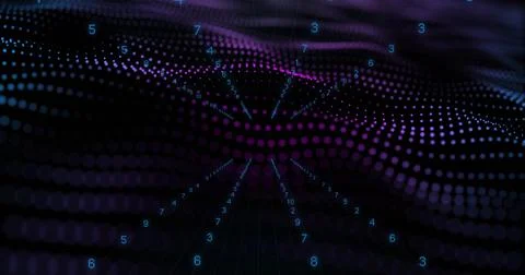 Displaying purple-blue dot grid flowing along gridlines in virtual 3D, with イラスト素材