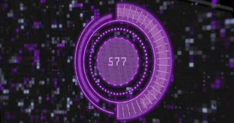 Displaying purple circular HUD with concentric rings, segmented arc, numeric 577 库存插图
