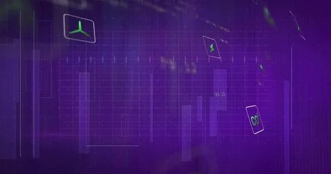 Displaying purple data dashboard with grid on screen, neon-green turbine, Stock Illustration