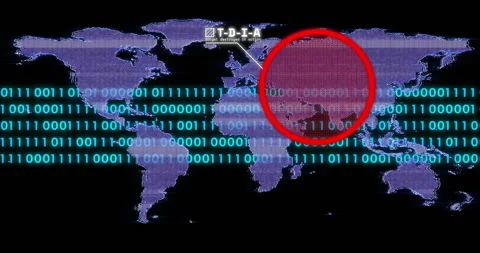 Displaying purple dotted world map scrolling teal binary code marking Stock Footage 307428459