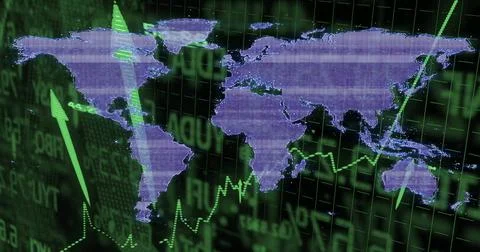 Displaying purple dotted world map on market grid screen, showing green arrows Stock Illustration