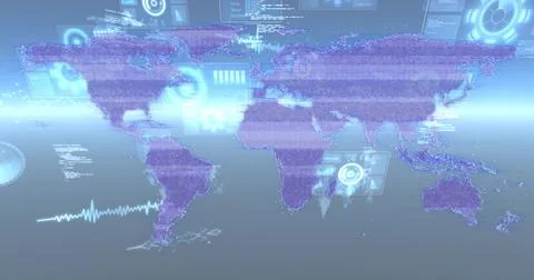 Displaying purple dotted world map centering in virtual control interface, with Stock Illustration