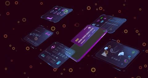 Displaying purple-framed phone hovering in virtual HUD, showing digital card Stockillustratie