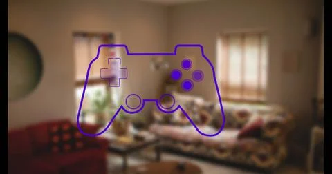 Displaying purple game controller outline covering lounge area, with patterned 스톡 사진
