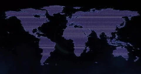 Displaying purple grid-patterned world map on control room display, with scan Stock Photos