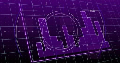 Displaying purple histogram chart tilting on data dashboard, with ring, node Illustrazione stock