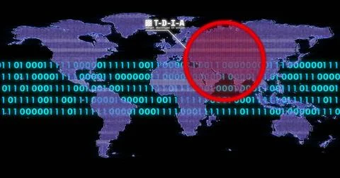 Displaying purple map with cyan code, TDIA annotation marking Asia zone with red Foto stock