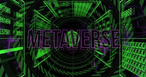 Displaying purple METAVERSE text spanning central VR tunnel, showing green ho Illustrazione stock
