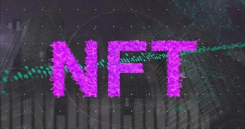 Displaying purple NFT letters intersecting teal data stream in virtual Stock Photos