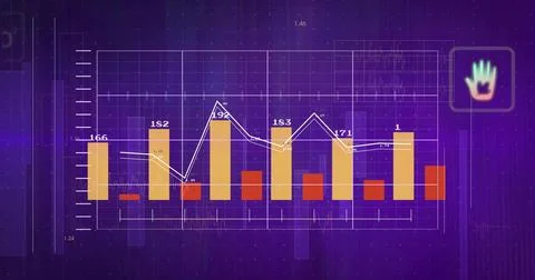 Displaying purple-panel chart showing tall-gold or red paired bars white-line Ilustração Stock