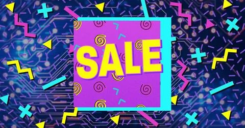 Displaying purple panel featuring bold yellow SALE text in digital graphic Stockfoto's