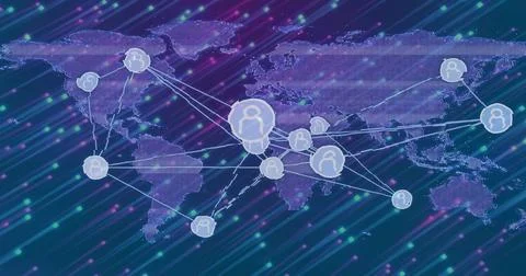 Displaying purple pixel world map in interface, showing arrows, network nodes Illustrazione stock