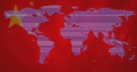 Displaying purple pixelated world map glitching in digital art, featuring Illustrazione stock