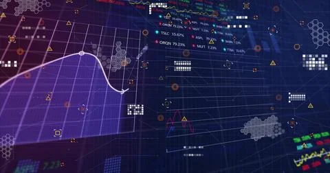 Displaying purple sheer area chart with white trend line over grid, hex Stock Illustration