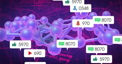 Displaying purple sphere network floating over dark grid, with social media i Stock Illustration