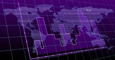 Displaying purple stepped bar chart centered on dotted world map with glowing Stock Illustration