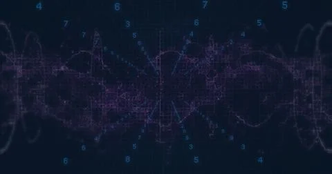 Displaying purple waveform streaming across dark virtual dashboard, with Stock Illustration