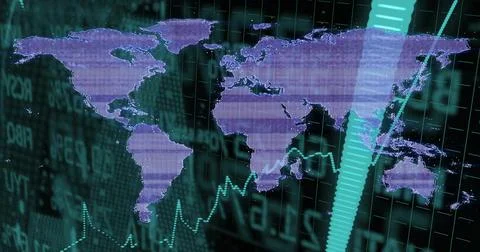 Displaying purple world map centered on digital dashboard, showing teal chart, 스톡 일러스트