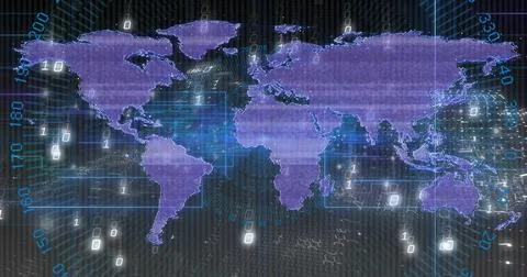 Displaying purple world map on digital grid, streaming binary digits and Stock Illustration