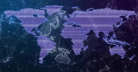 Displaying purple world map on network interface, with dotted grid, mesh line Stock Photos