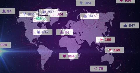 Displaying purple world map over starfield showing social icons numeric badges Ilustração Stock