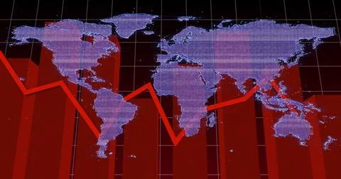 Displaying purple world map with rising red bars, red line graph on slide with Stock Illustration