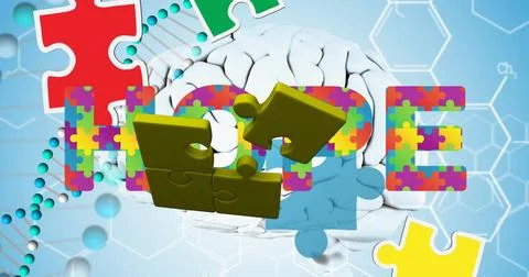 Displaying puzzle-piece HOPE hovering with floating puzzle pieces in backdrop Stock Illustration